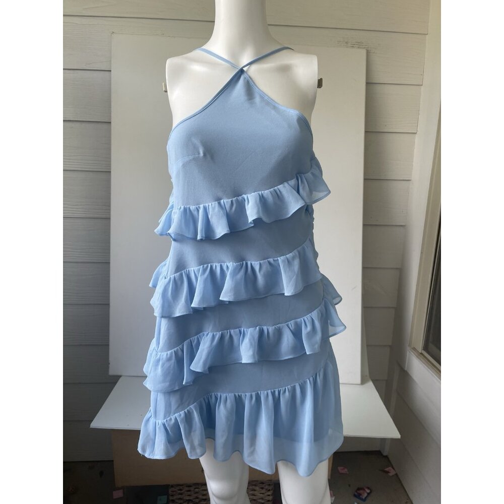 Lovers + Friends Liv Ruffle Mini Dress Blue Size S Halter Summer Party - Picture 9 of 9